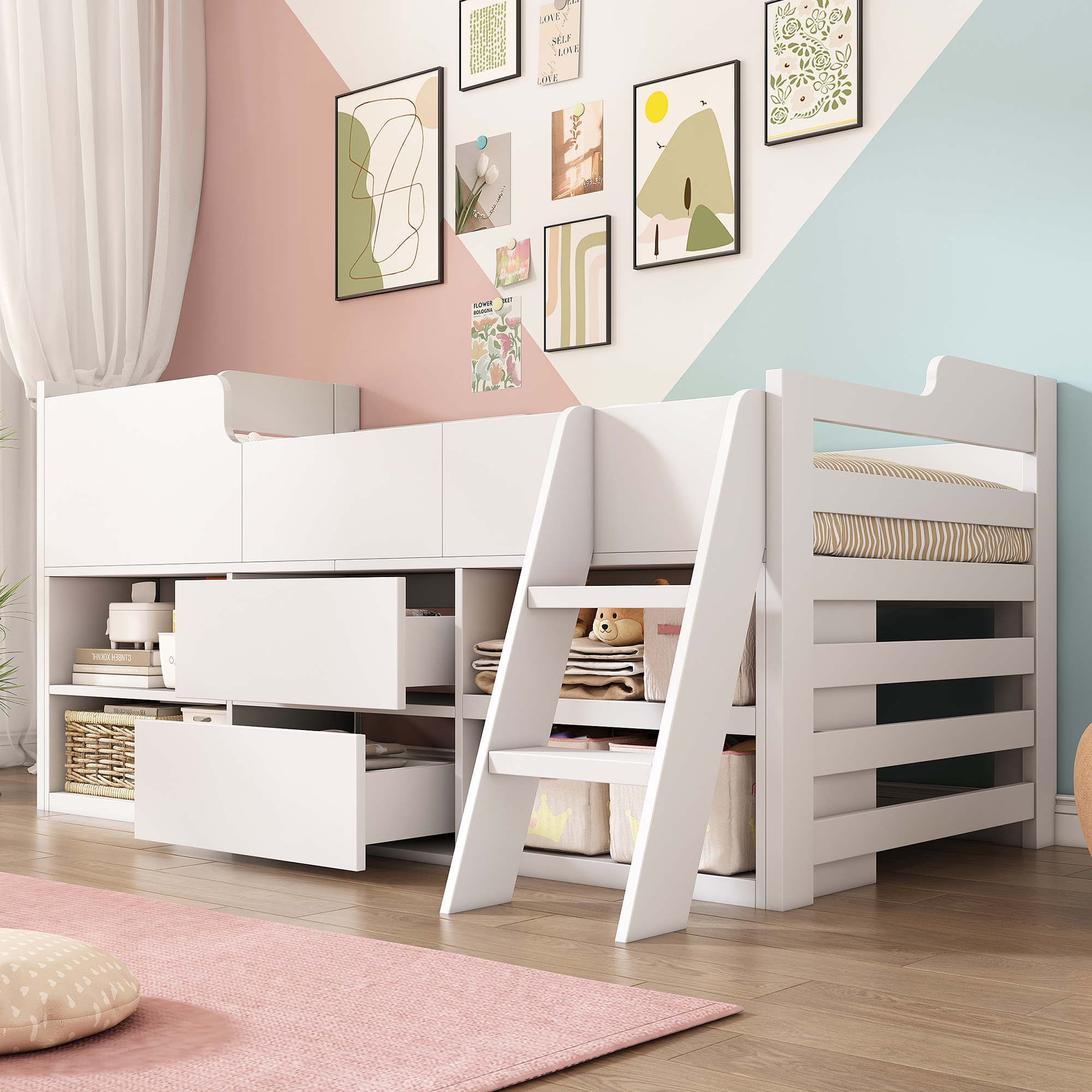 Kids Wooden Cabin Bed Mid Sleeper Bed Frame Storage Bed with Drawers and Shelves - Picture 8 of 26