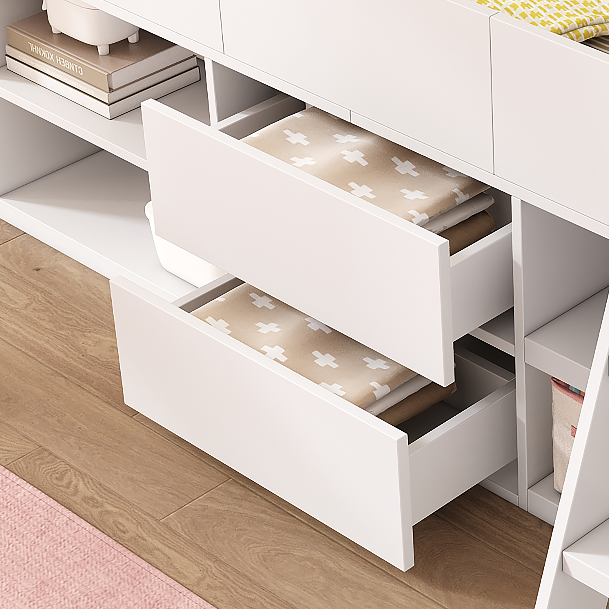 Kids Wooden Cabin Bed Mid Sleeper Bed Frame Storage Bed with Drawers and Shelves - Picture 12 of 26