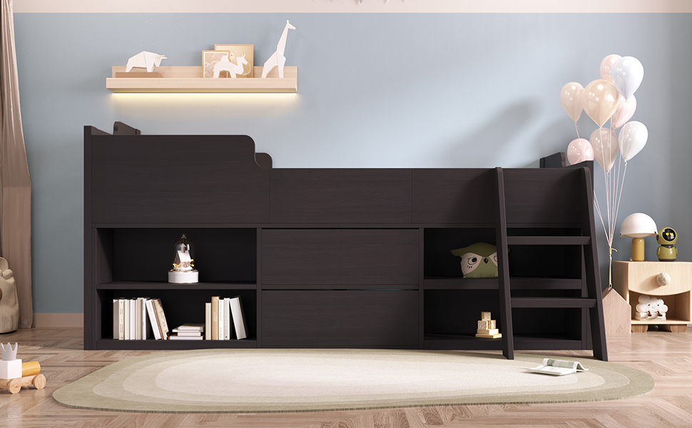 Kids Wooden Cabin Bed Mid Sleeper Bed Frame Storage Bed with Drawers and Shelves - Picture 25 of 26