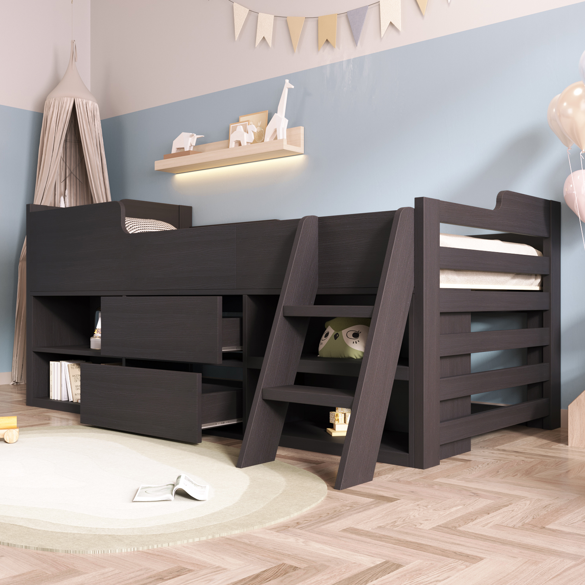 Kids Wooden Cabin Bed Mid Sleeper Bed Frame Storage Bed with Drawers and Shelves - Picture 16 of 26