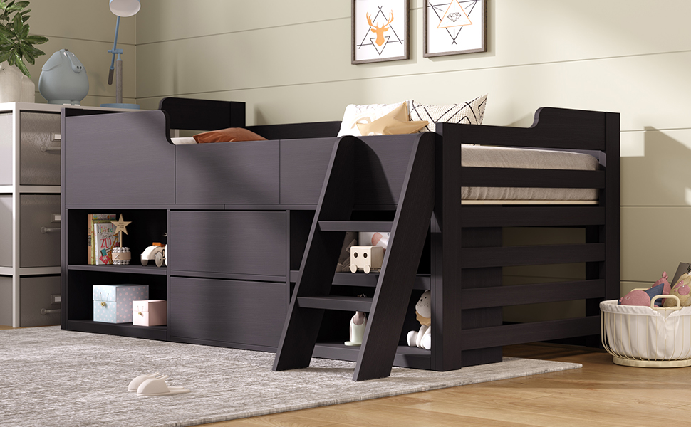 Kids Wooden Cabin Bed Mid Sleeper Bed Frame Storage Bed with Drawers and Shelves - Picture 20 of 26