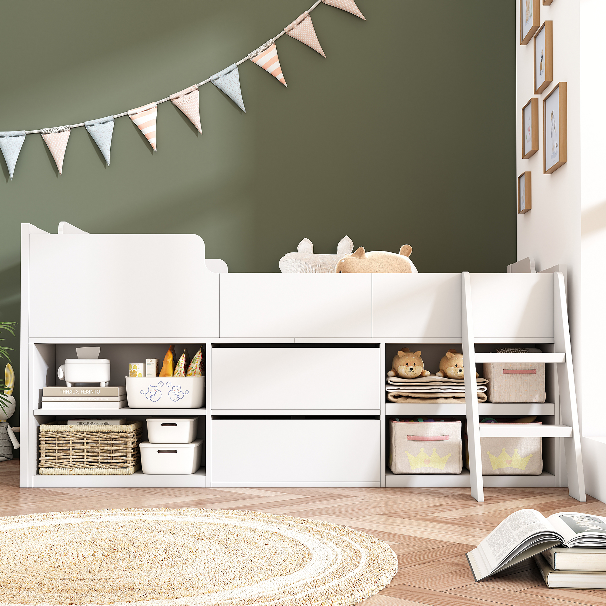 Kids Wooden Cabin Bed Mid Sleeper Bed Frame Storage Bed with Drawers and Shelves - Picture 9 of 26