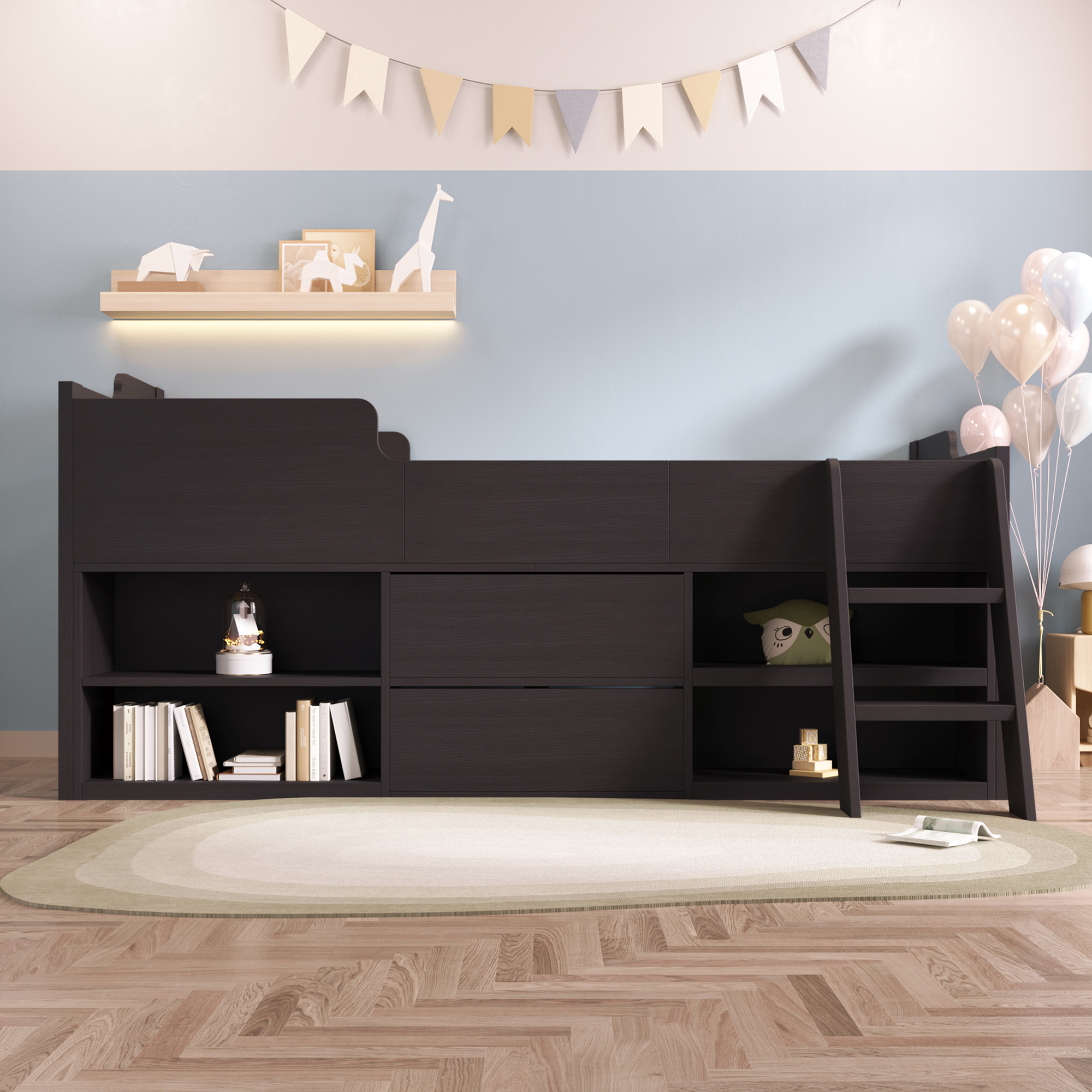 Kids Wooden Cabin Bed Mid Sleeper Bed Frame Storage Bed with Drawers and Shelves - Picture 24 of 26