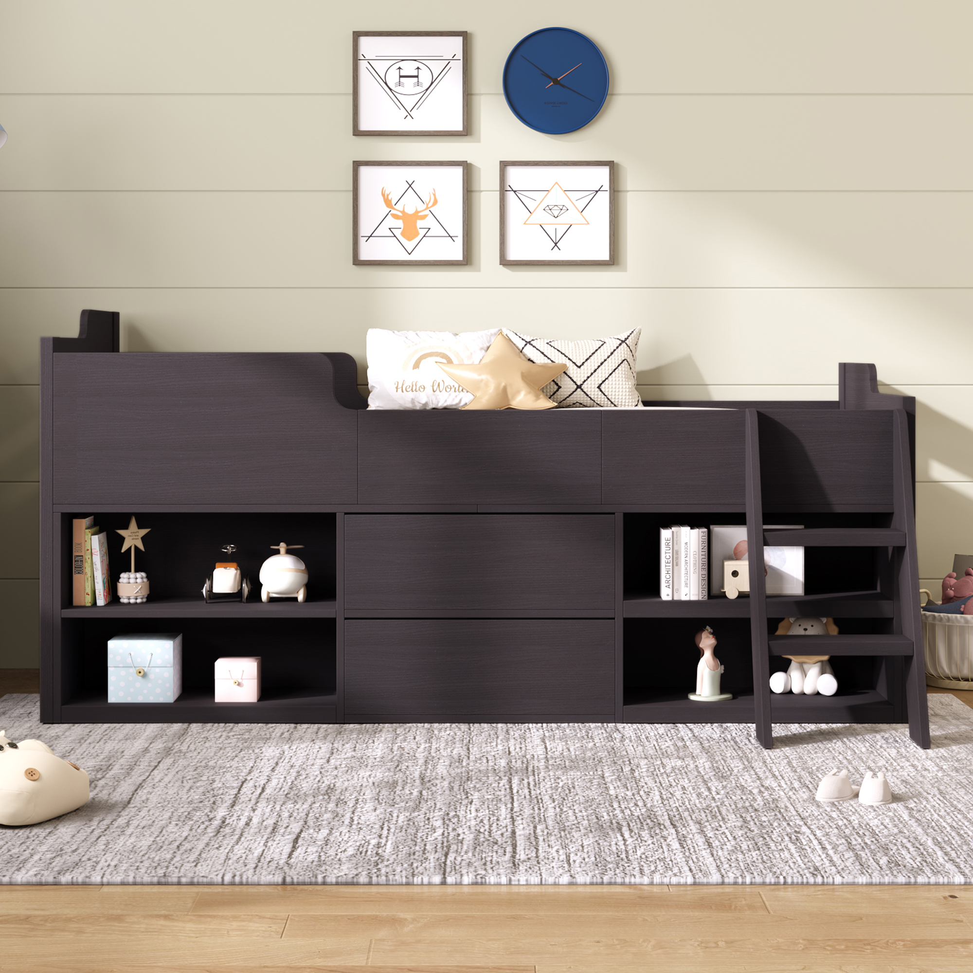 Kids Wooden Cabin Bed Mid Sleeper Bed Frame Storage Bed with Drawers and Shelves - Picture 18 of 26