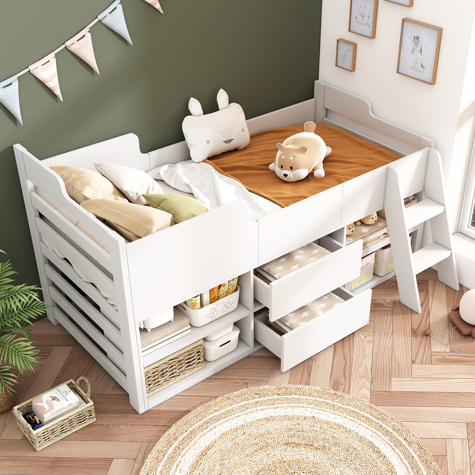 Kids Wooden Cabin Bed Mid Sleeper Bed Frame Storage Bed with Drawers and Shelves - Picture 7 of 26