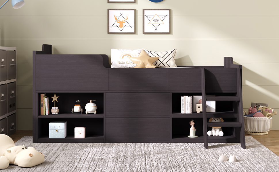 Kids Wooden Cabin Bed Mid Sleeper Bed Frame Storage Bed with Drawers and Shelves - Picture 17 of 26