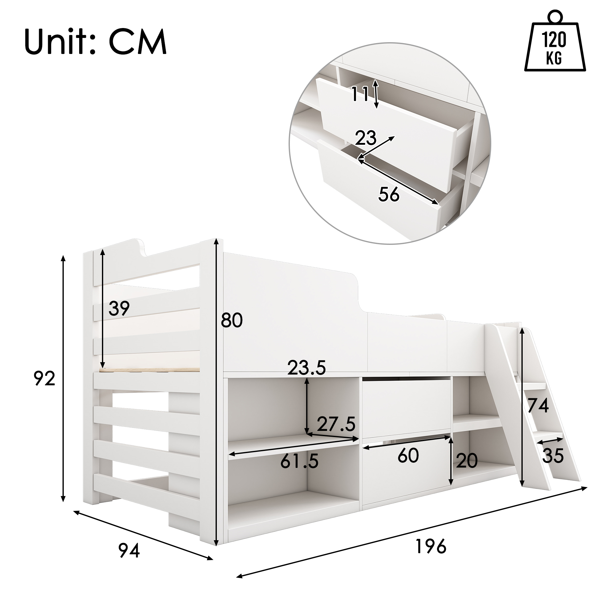 Kids Wooden Cabin Bed Mid Sleeper Bed Frame Storage Bed with Drawers and Shelves - Picture 15 of 26