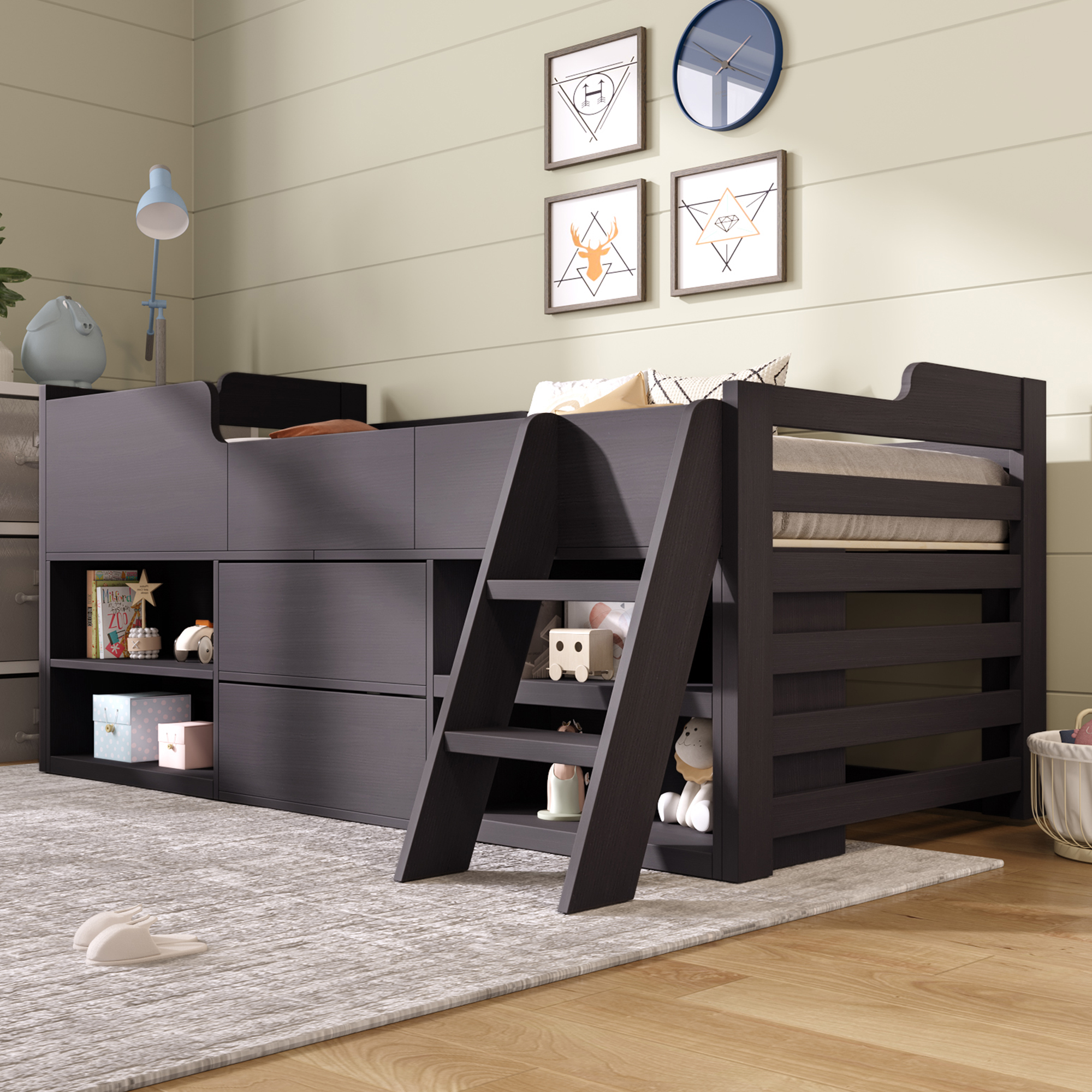 Kids Wooden Cabin Bed Mid Sleeper Bed Frame Storage Bed with Drawers and Shelves - Picture 19 of 26