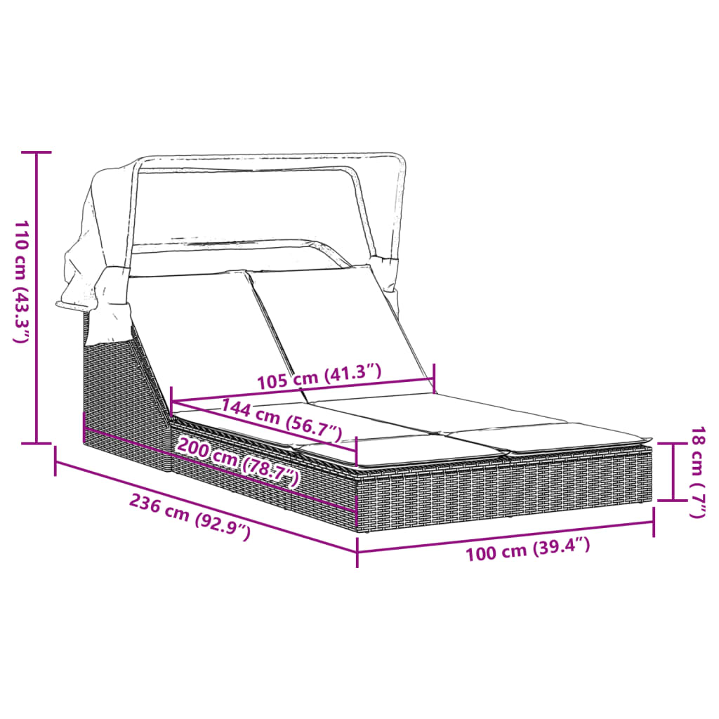 Sonneninsel Doppel-Sonnenliege mit Dach Poly Rattan Gartenliege 2 Personen Liege - Bild 64 von 65