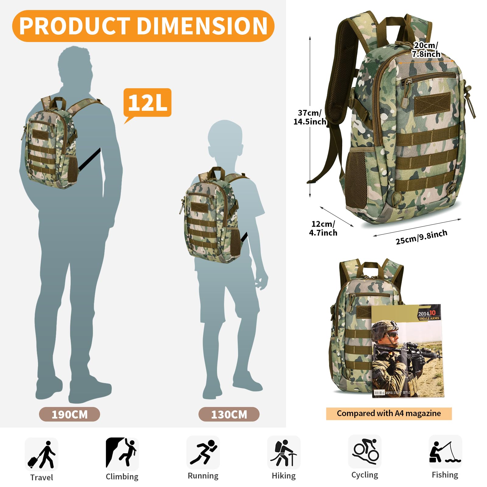 12L Taktischer Rucksack Trekkingrucksacke Molle Wanderrucksack Outdoor Tasche