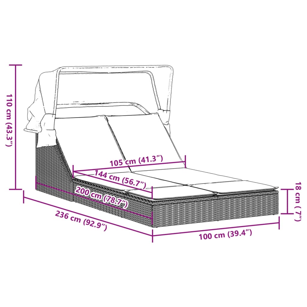 Sonneninsel Doppel-Sonnenliege mit Dach Poly Rattan Gartenliege 2 Personen Liege - Bild 46 von 65