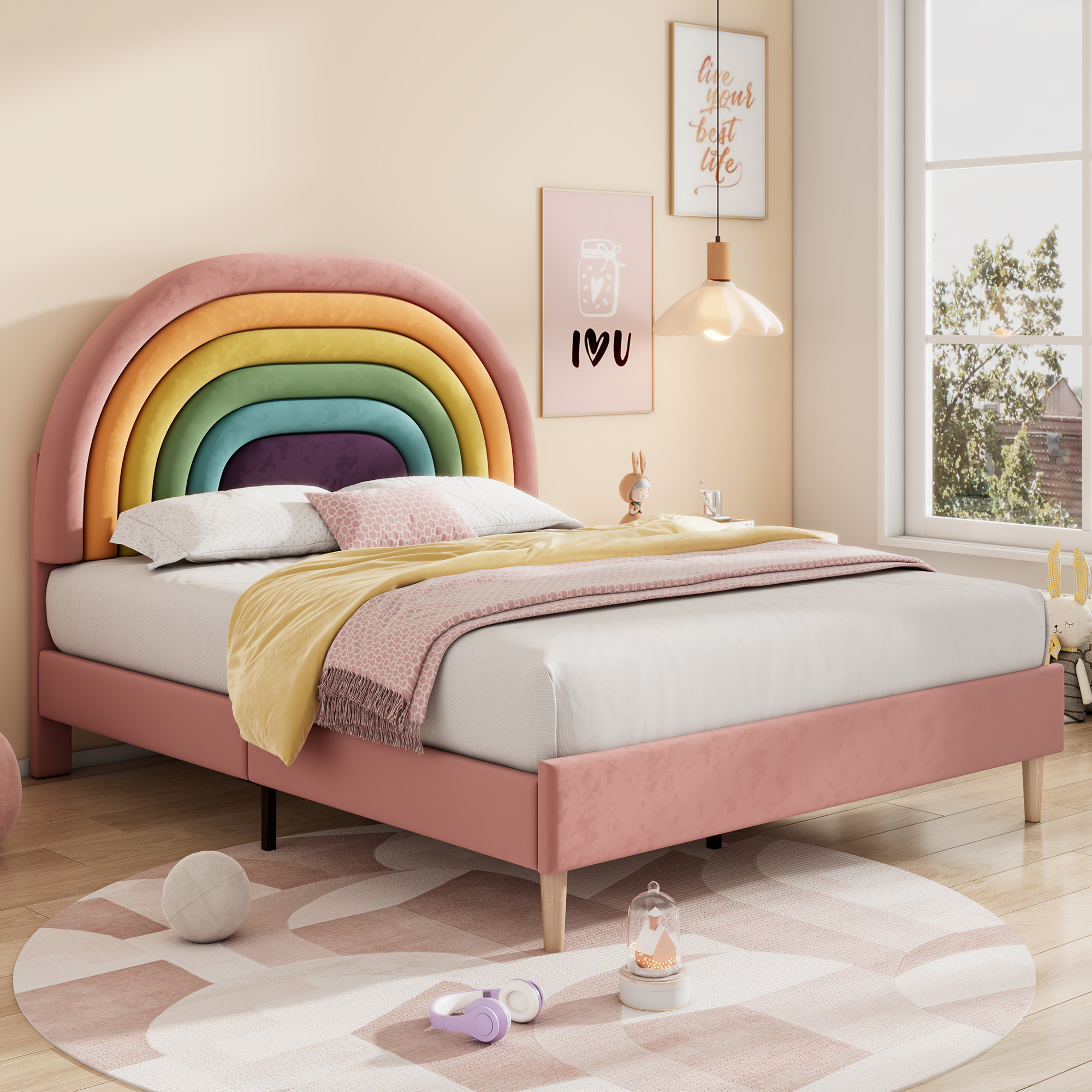Single Bed Double Upholstered Bed Slatted Bed Frame with Rainbow Headboard Pink - Picture 13 of 23