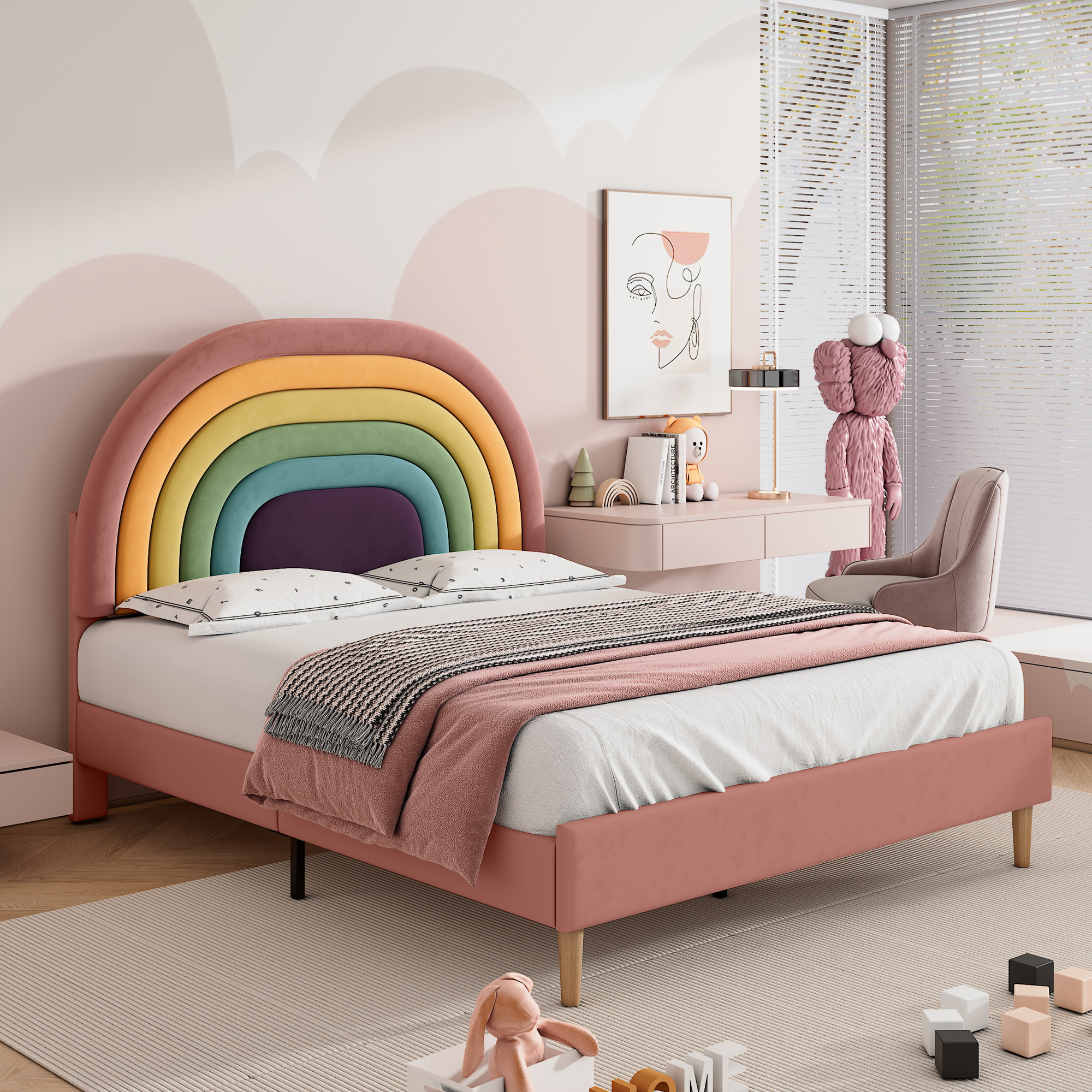 Single Bed Double Upholstered Bed Slatted Bed Frame with Rainbow Headboard Pink - Picture 11 of 23