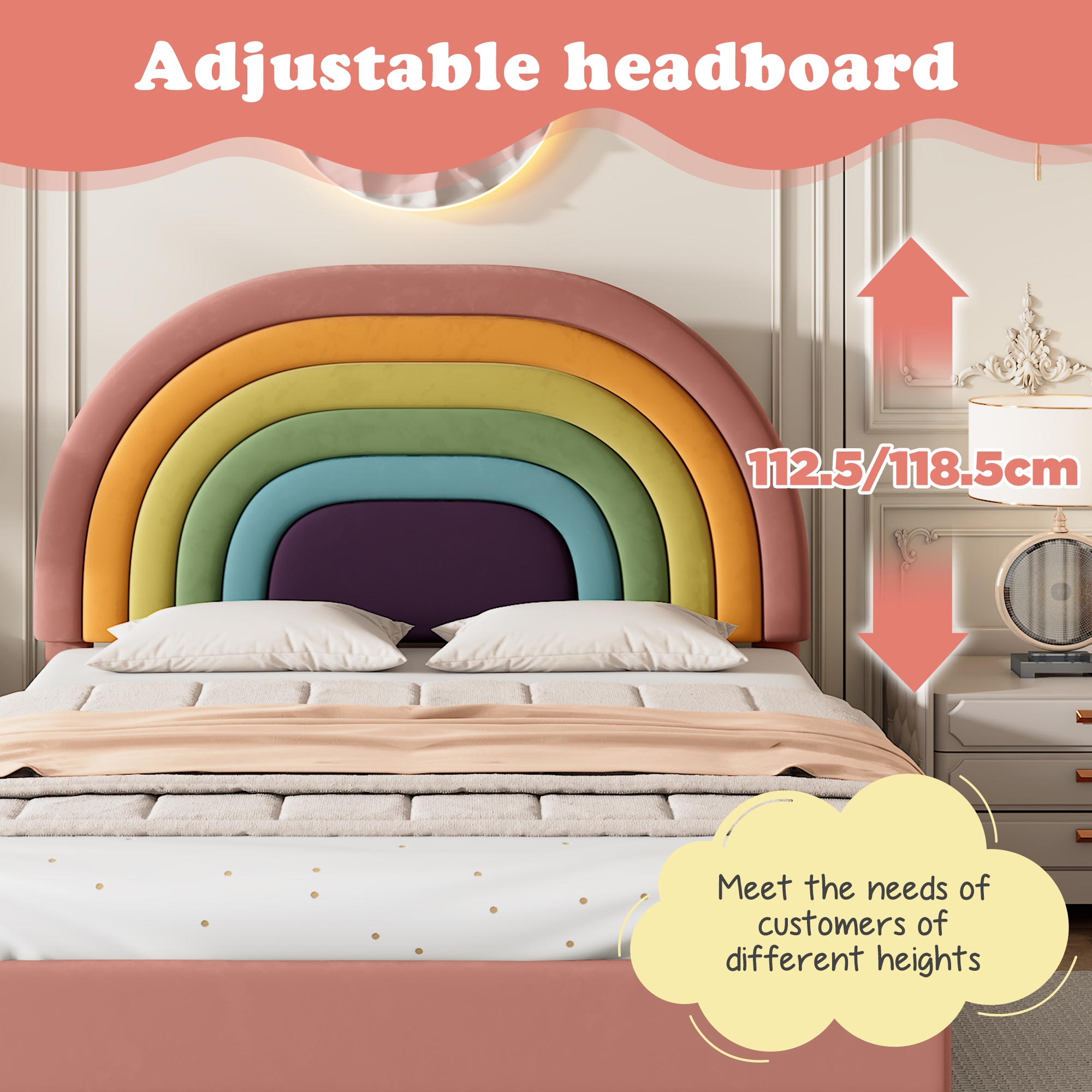 Single Bed Double Upholstered Bed Slatted Bed Frame with Rainbow Headboard Pink - Picture 7 of 23