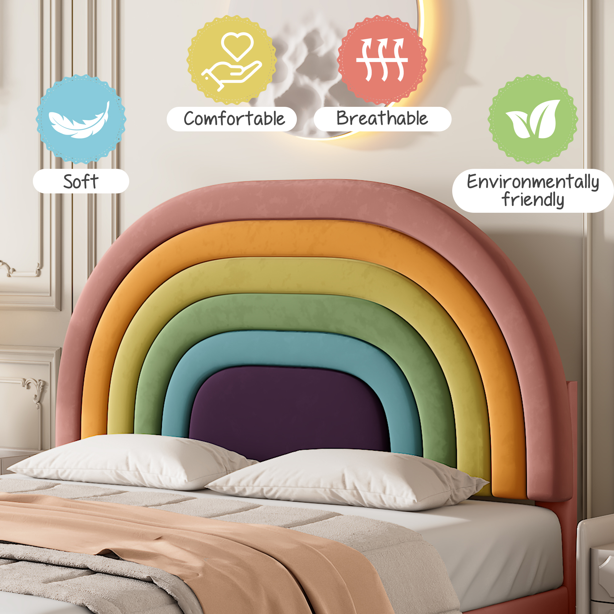 Single Bed Double Upholstered Bed Slatted Bed Frame with Rainbow Headboard Pink - Picture 9 of 23