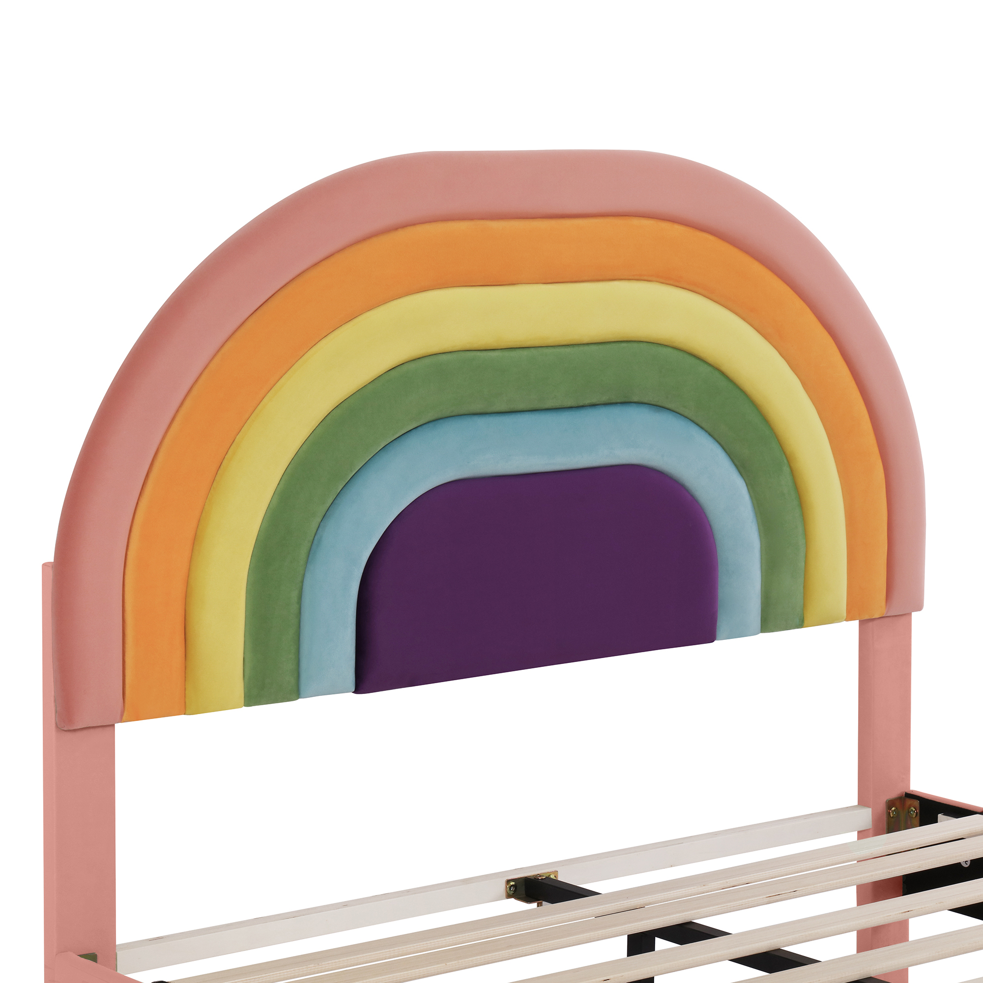 Single Bed Double Upholstered Bed Slatted Bed Frame with Rainbow Headboard Pink - Picture 12 of 23