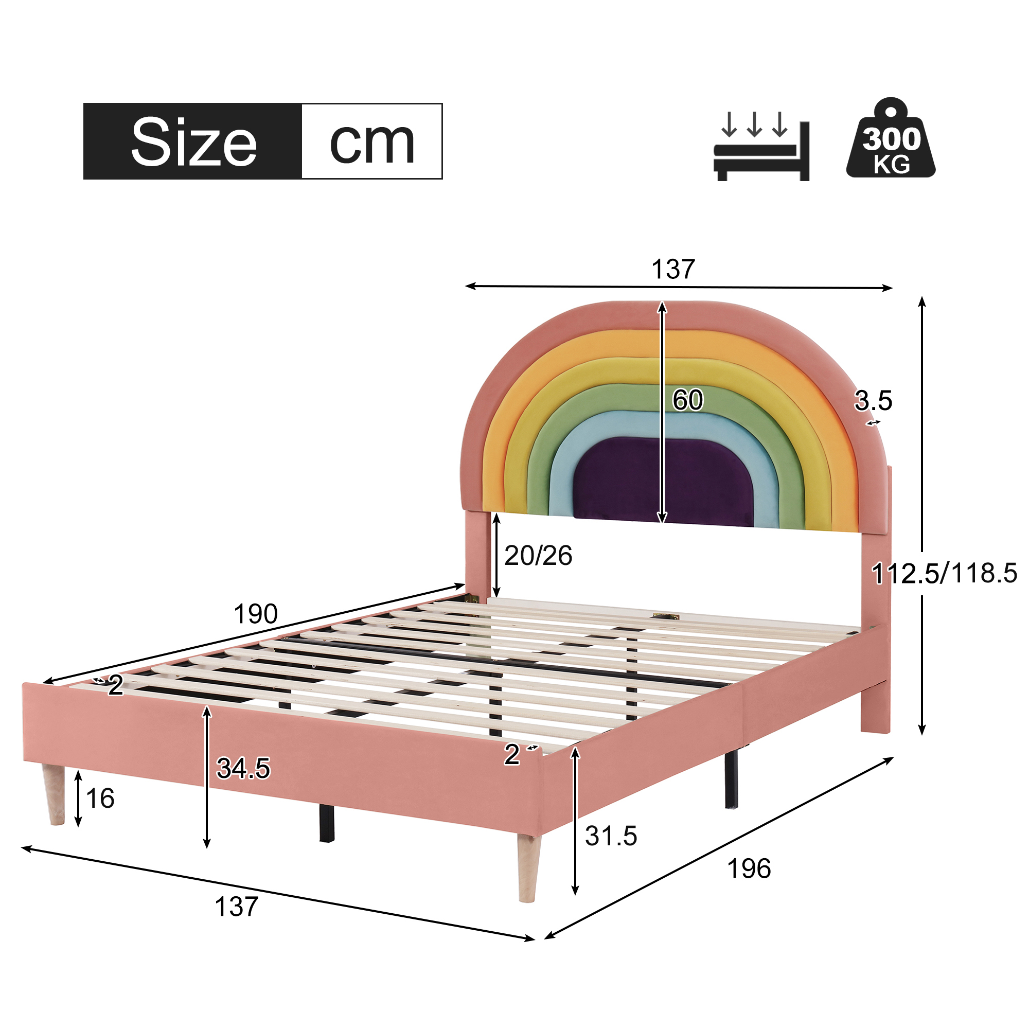 Single Bed Double Upholstered Bed Slatted Bed Frame with Rainbow Headboard Pink - Picture 10 of 23