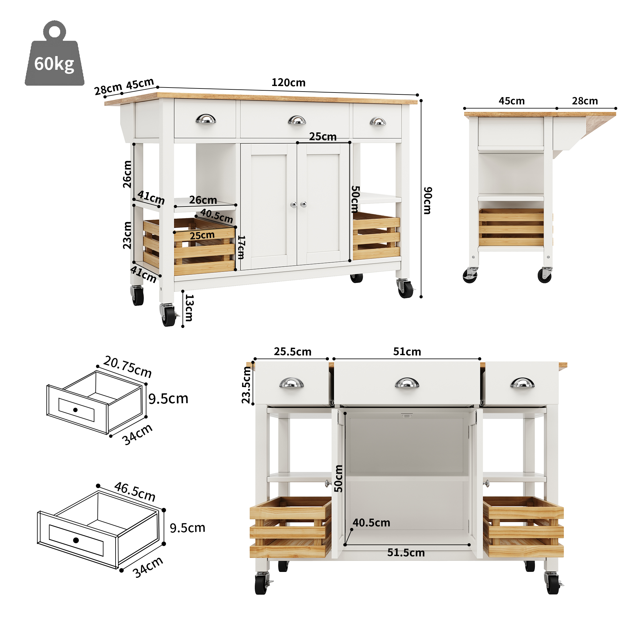 Wood usine Kitchen Island Trolley Serving Cart Rolling Storage Drawer Cabinet Cupboard