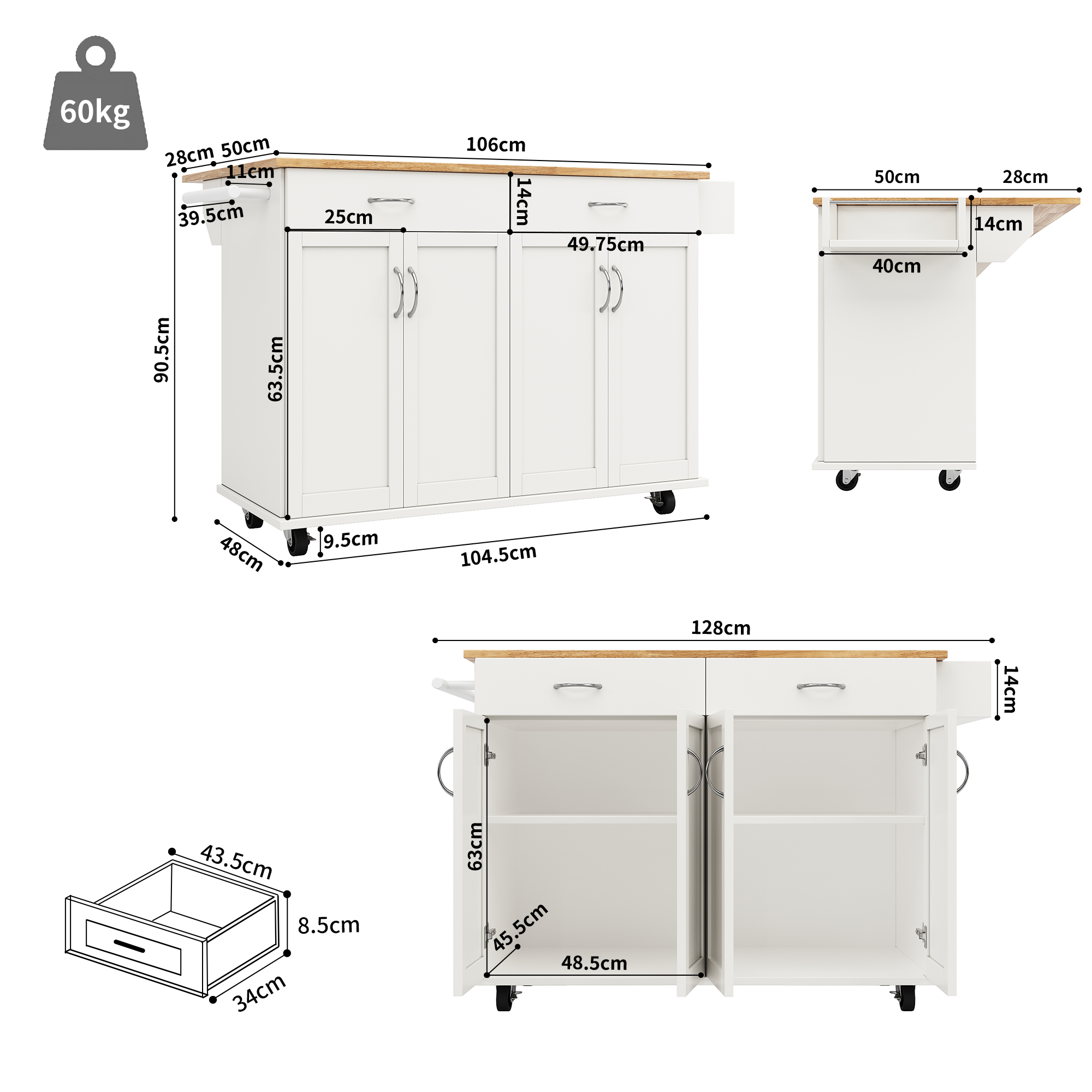 Wood Kitchen Island Trolley Serving boutiques Cart Rolling Storage Drawer Cabinet Cupboard