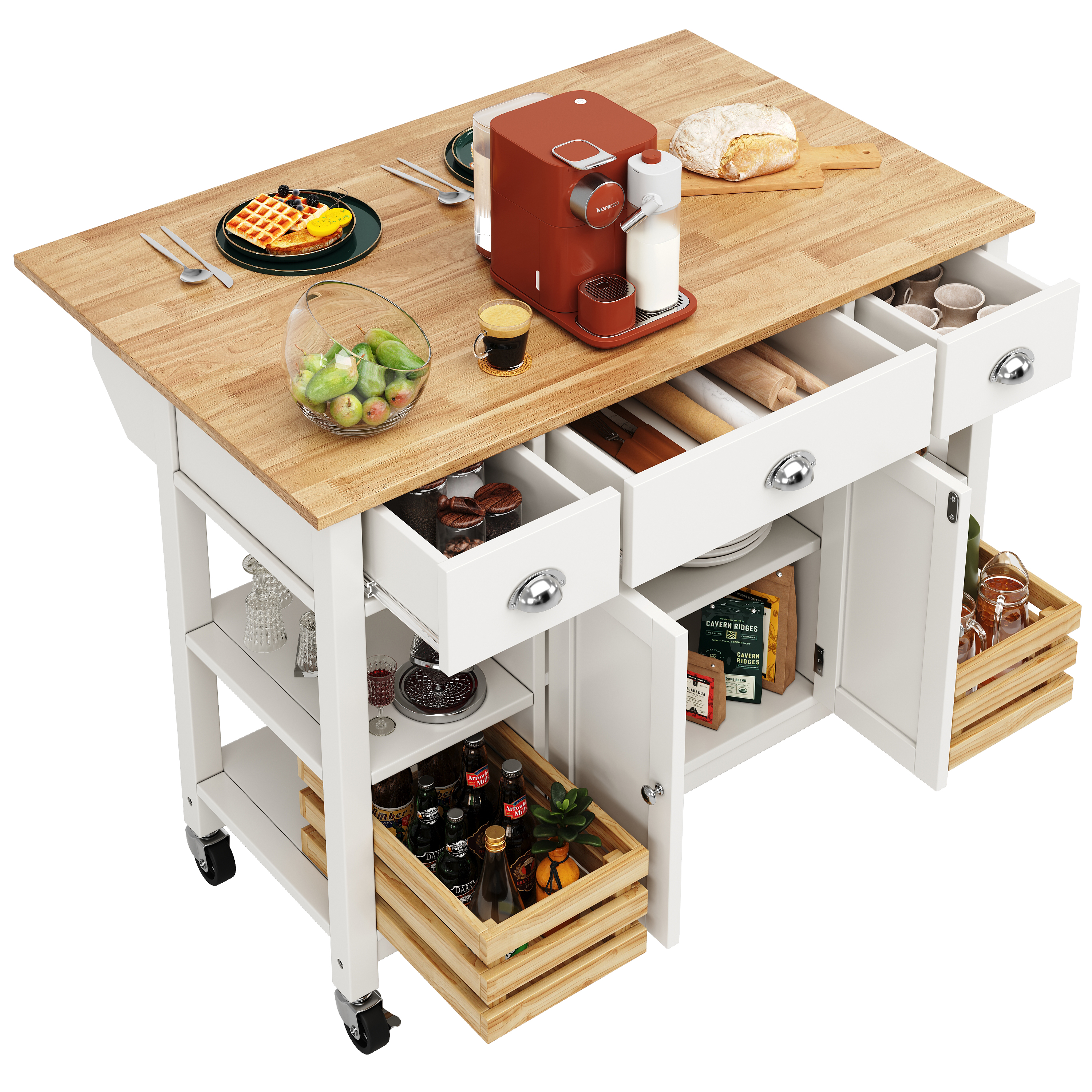 Wood Kitchen Island Trolley Serving officiel Cart Rolling Storage Drawer Cabinet Cupboard