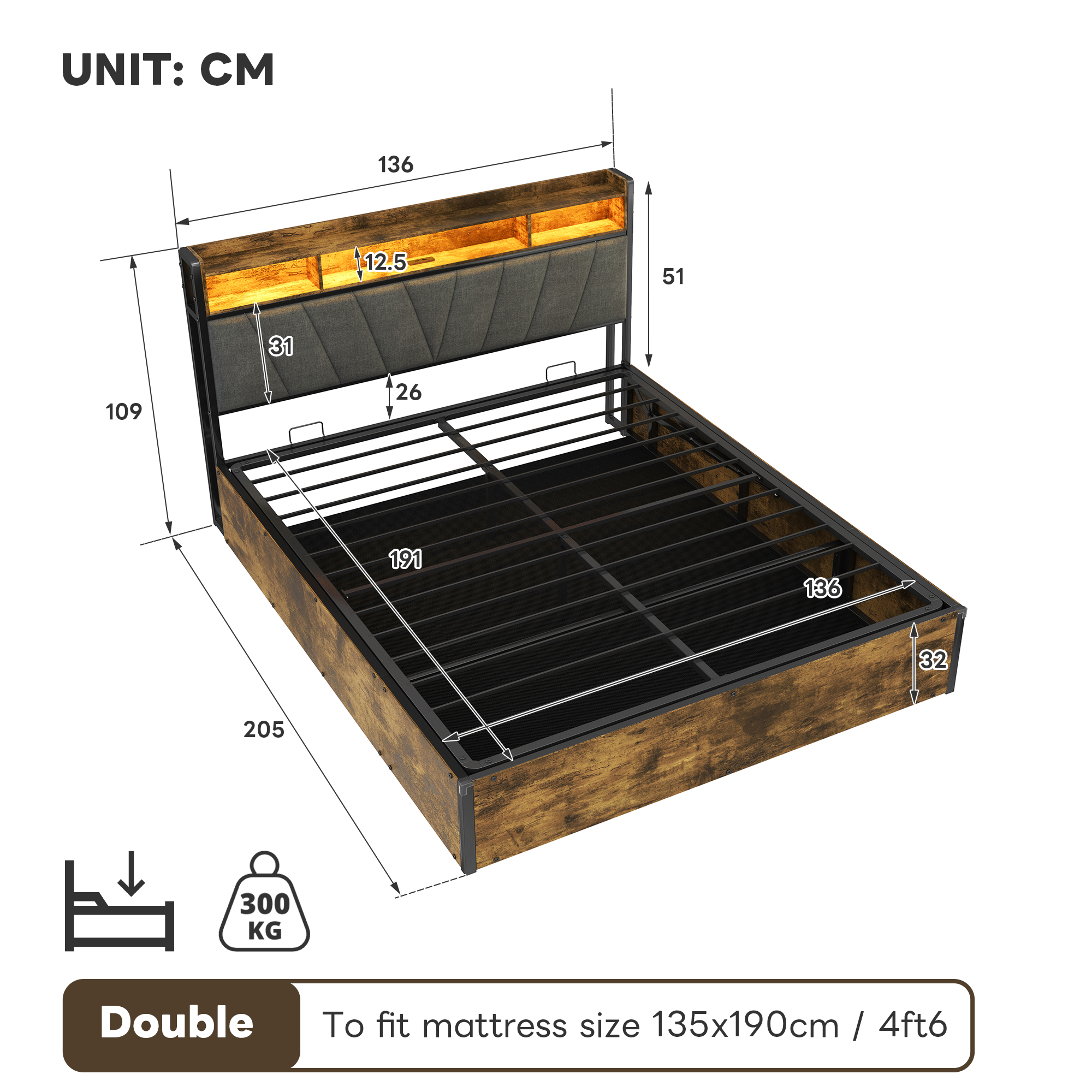 4ft6 5ft Double Bed Frame w/ Hydraulic Storage RGB LED Storage Headboard Charge