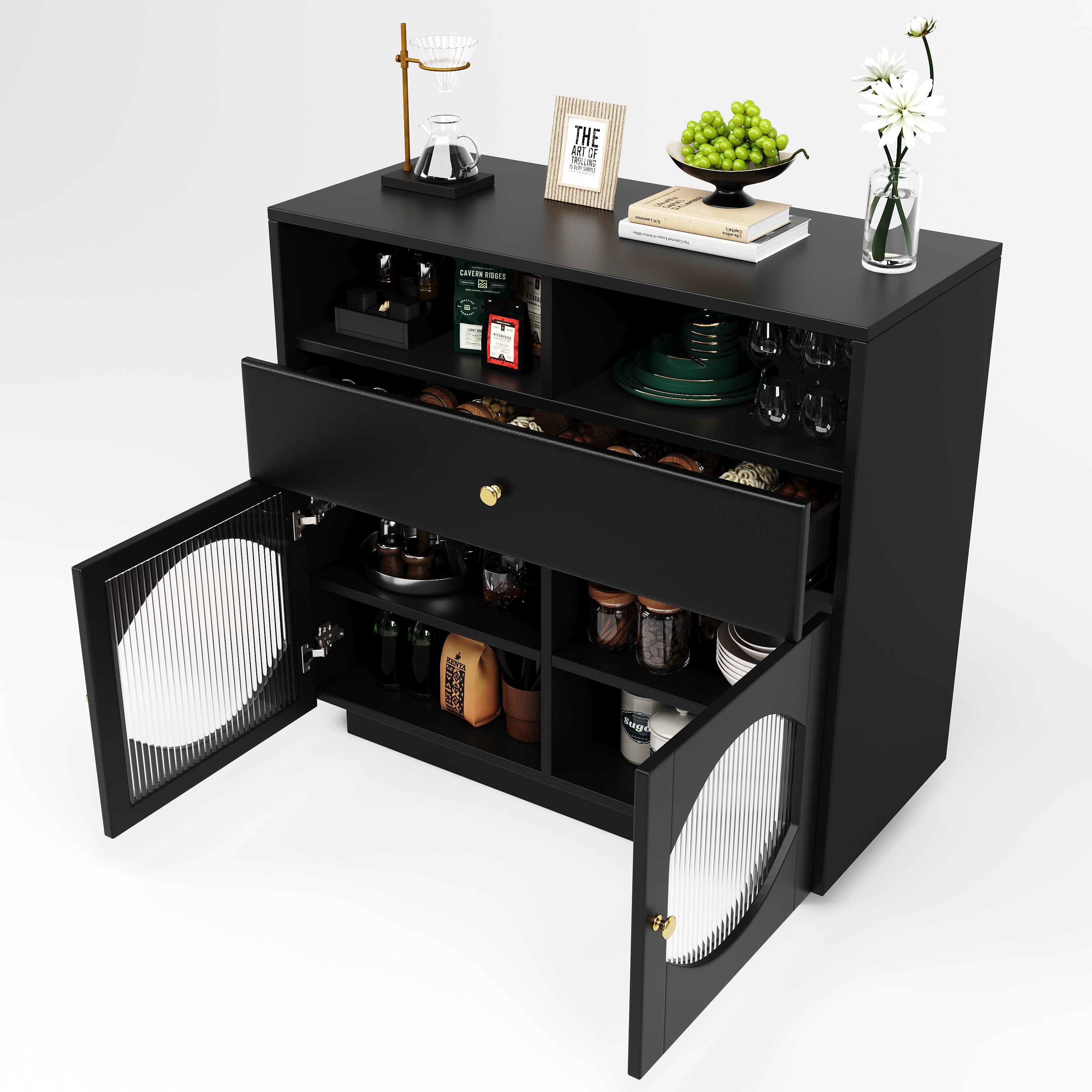 Küchenschrank, Sideboard mit Glastüren, Aufbewahrungsschrank, Buffetschrank 