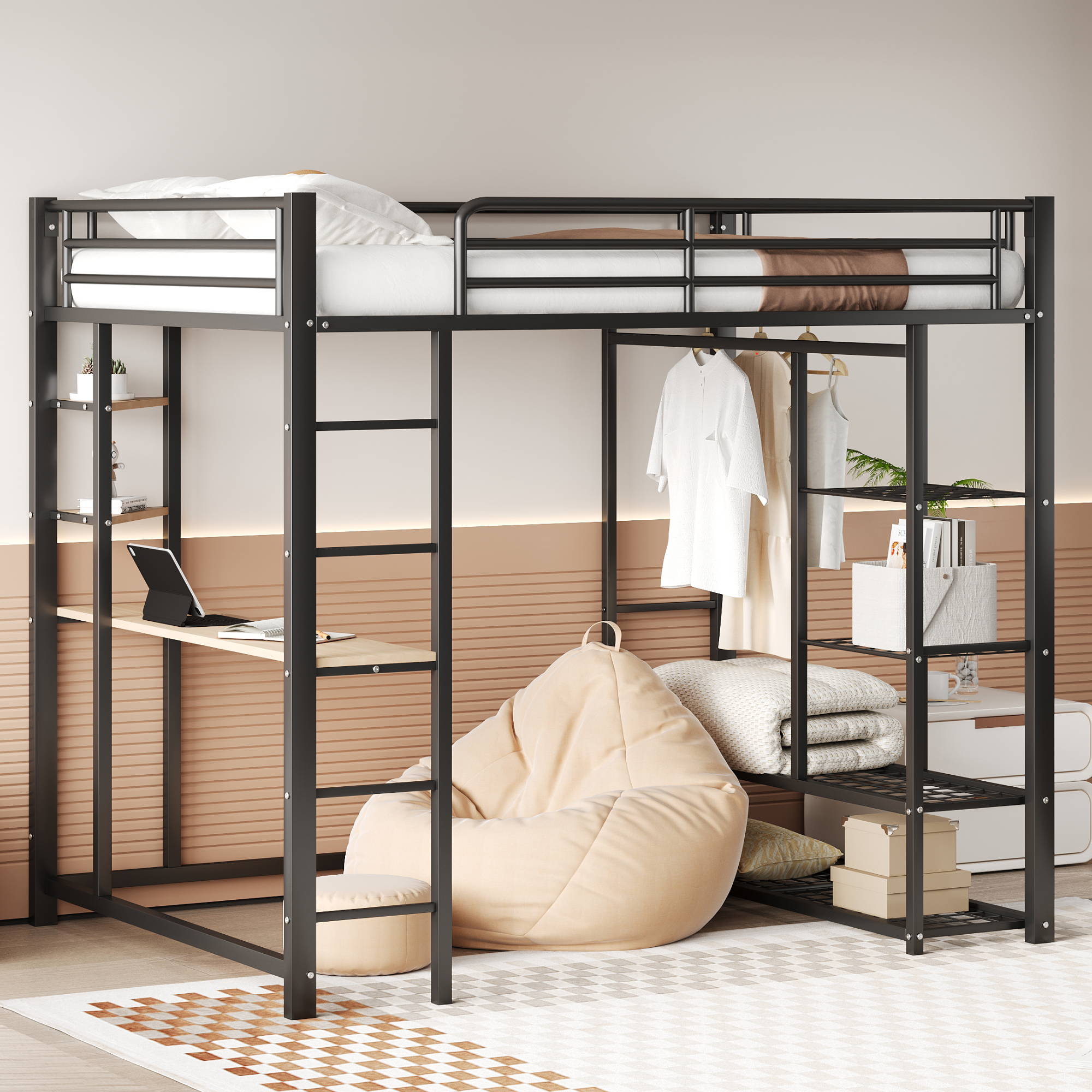 Metall-Hochbett mit Leiter Juniorbett Doppelbett mit Schreibtisch Etagenbett