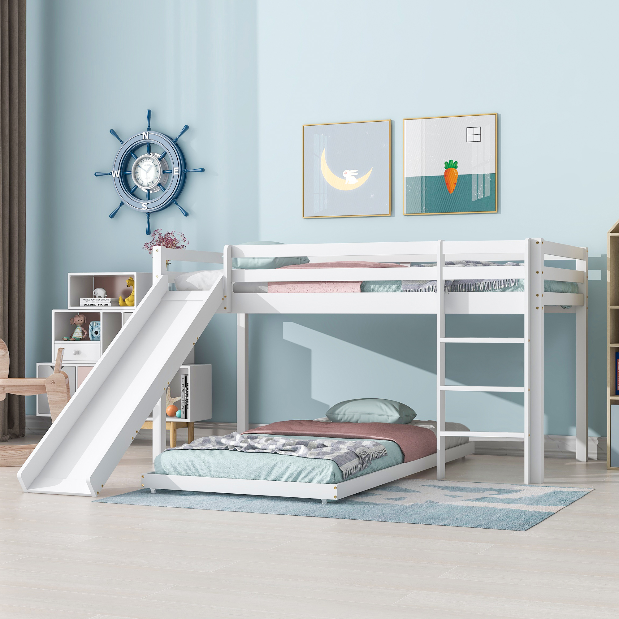 Bunk Bed Frame House with Stairs/Ladder and Slide Wood Kids Children Single Bed