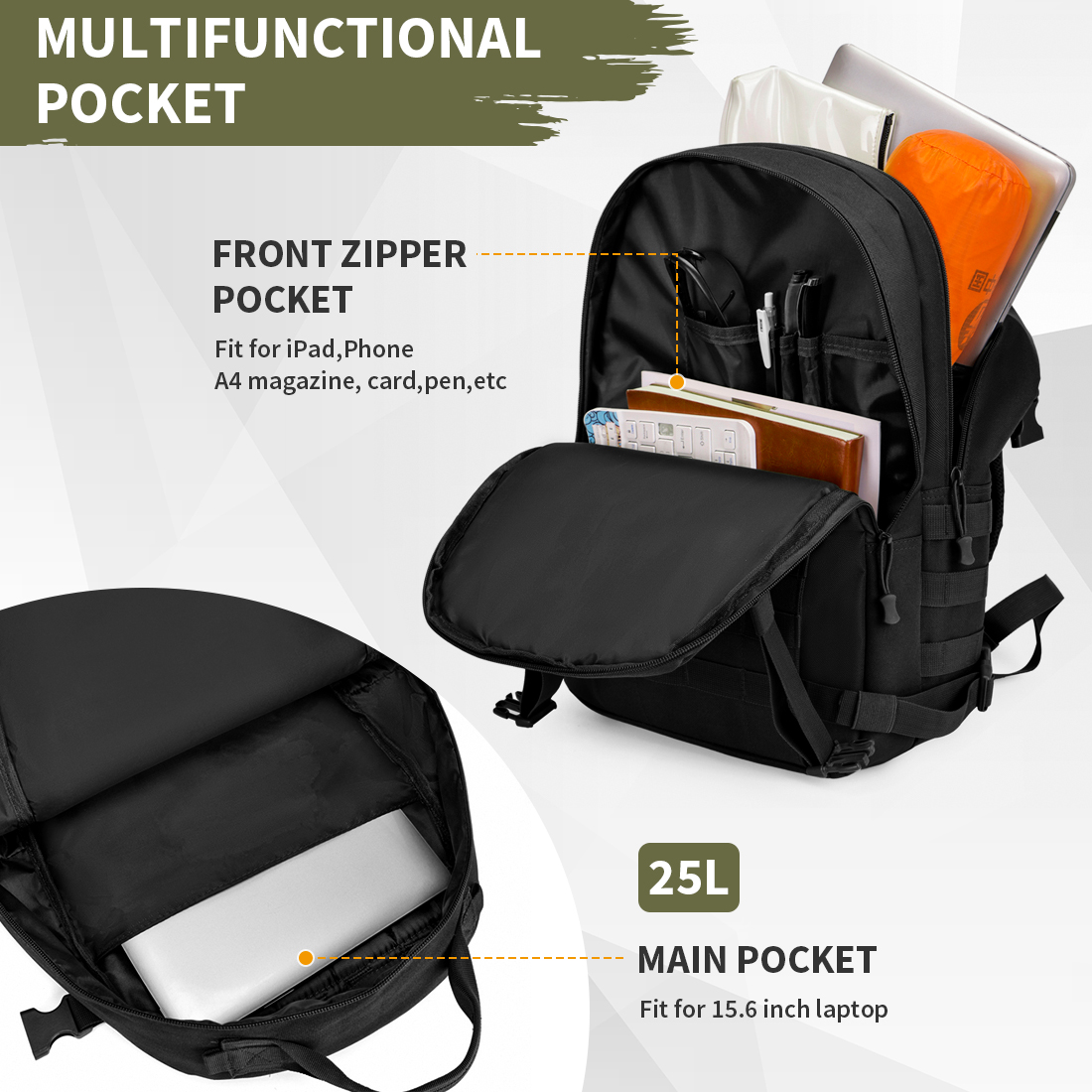 Tactical Backpack 25L Military Molle Rucksack Waterproof Mens Bag Camping Hiking - Picture 3 of 19