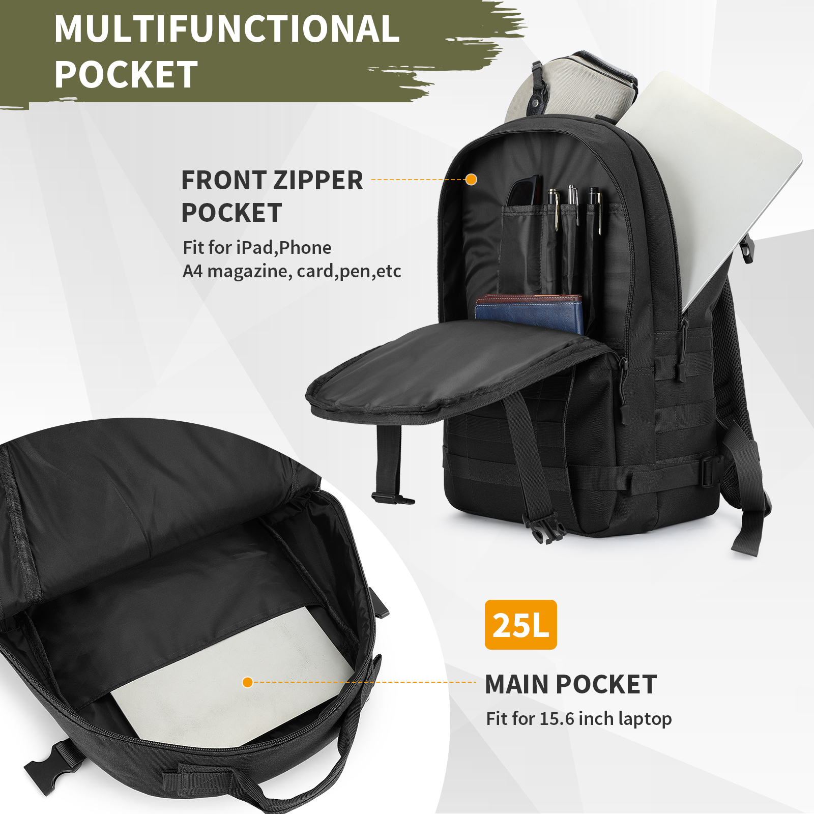 Tactical Backpack 25L Military Molle Rucksack Waterproof Mens Bag Camping Hiking - Picture 7 of 19
