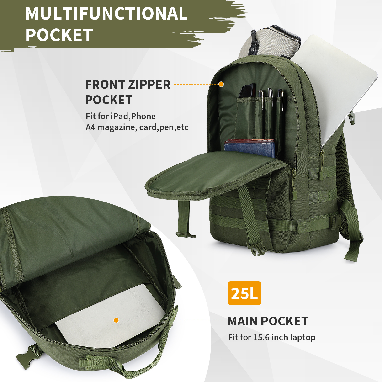 Tactical Backpack 25L Military Molle Rucksack Waterproof Mens Bag Camping Hiking - Picture 18 of 19