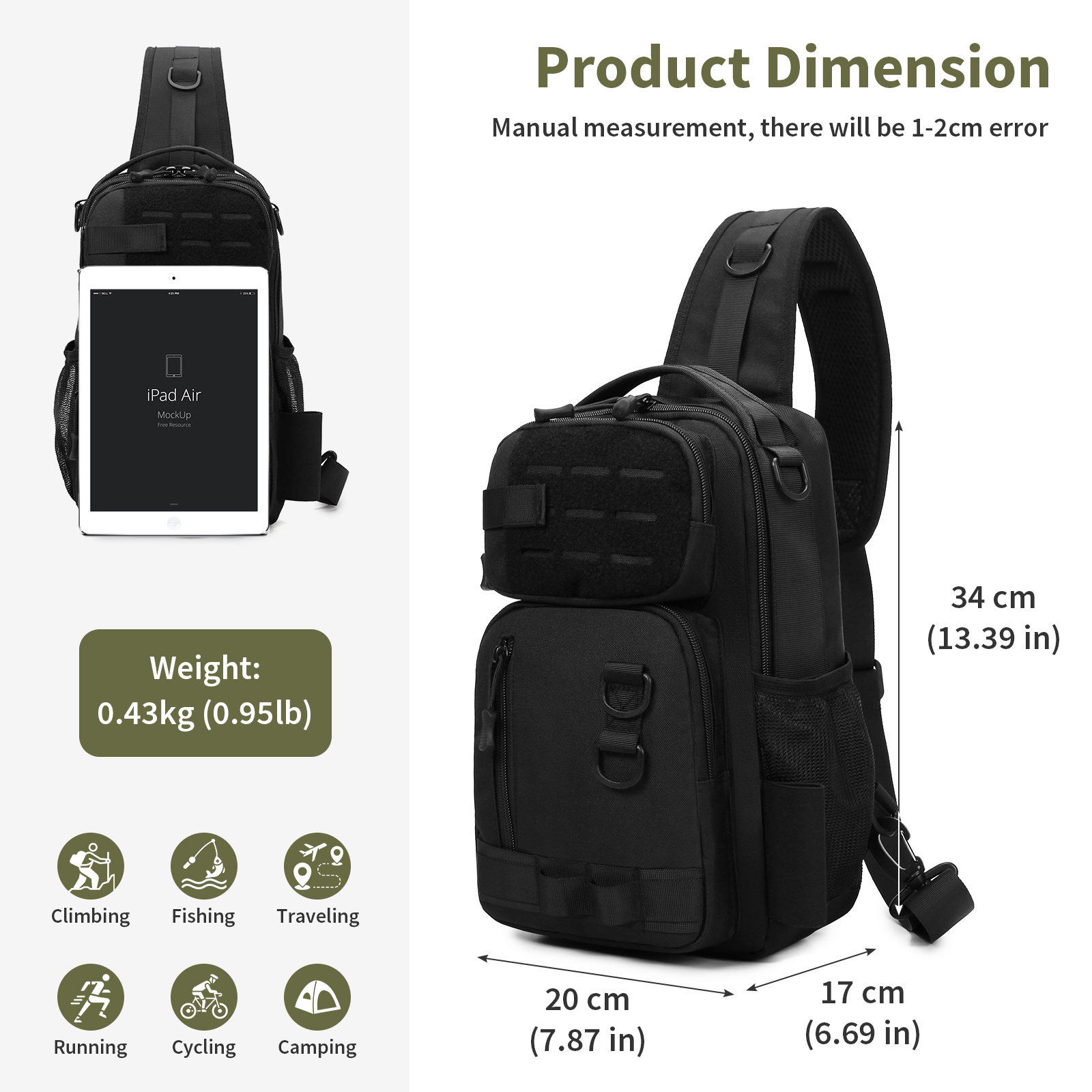 Mens Sling Backpack-Molle Tactical Military-Outdoor Travel Shoulder Chest Bag - Picture 29 of 68