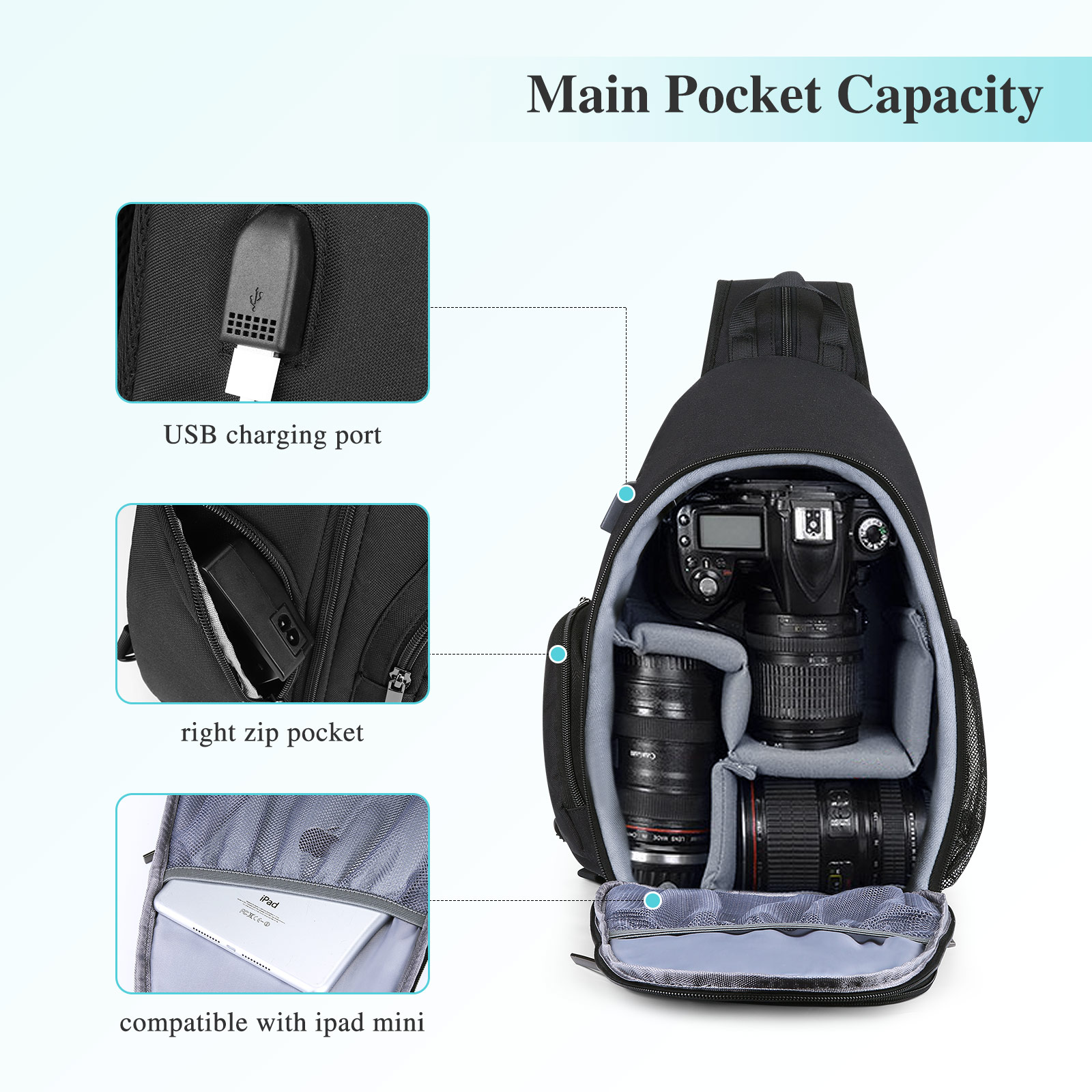 Men Women Camera Sling Backpack USB Waterproof Bag for DSLR SLR Nikon Canon Sony