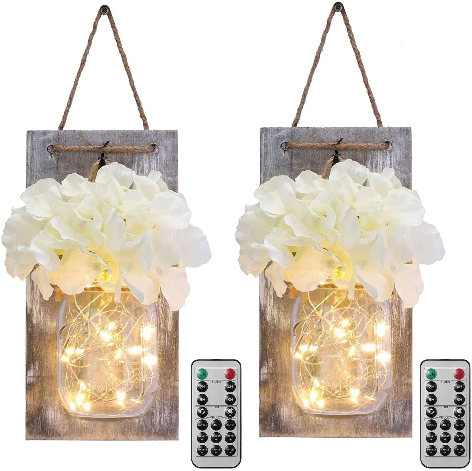 2 Pack Mason Jar Wall Light Outdoor Indoor Remote Timer Hanging LED Sconce Lamp - Picture 23 of 24