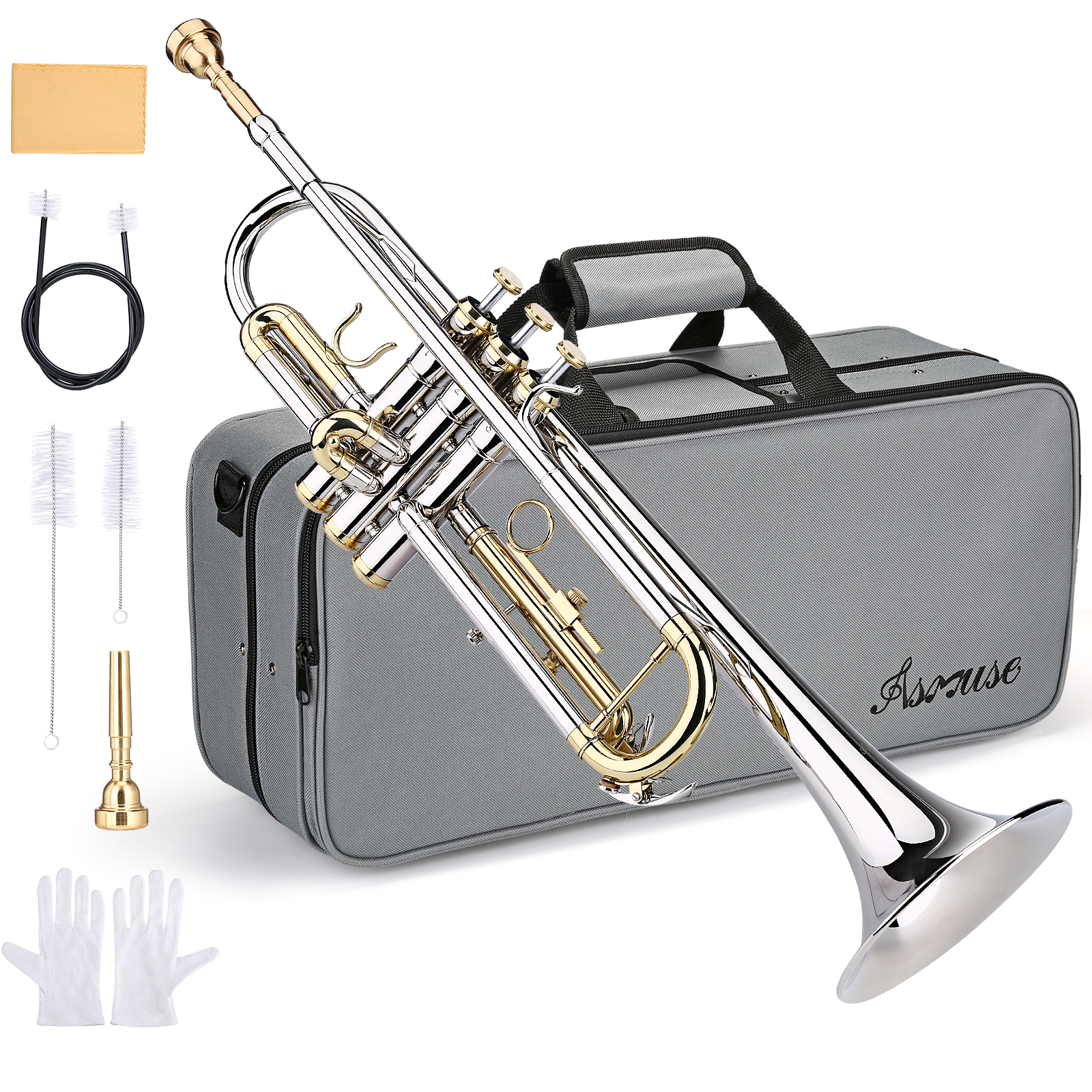 Color:Silver:2024 BB TRUMPET STUDENT BAND TRUMPETS BRASS INSTRUMENT WITH CASE BEGINNER