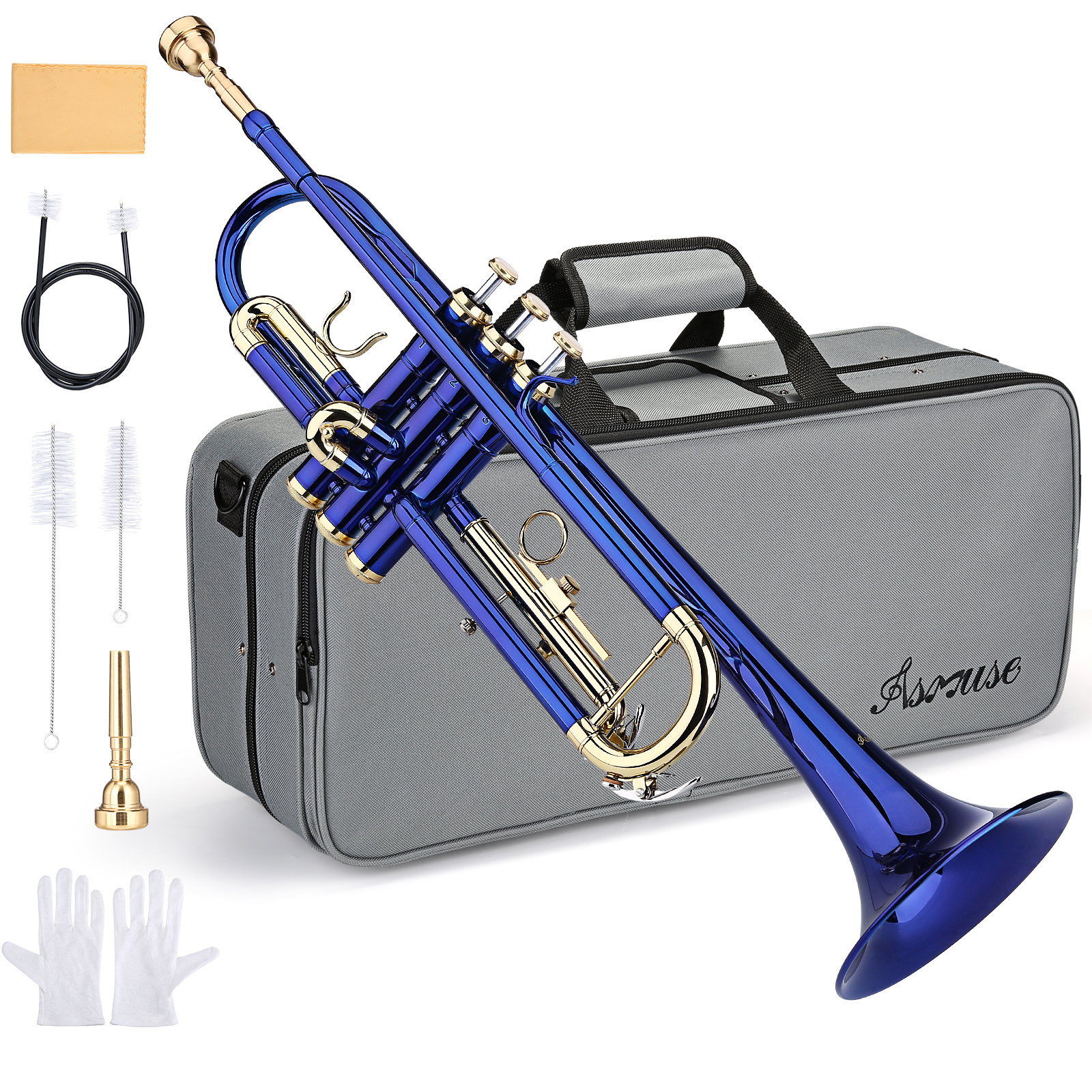 Color:Blue:BB TRUMPET- STUDENT BAND TRUMPETS BRASS INSTRUMENT WITH HARD CASE FOR BEGINNER