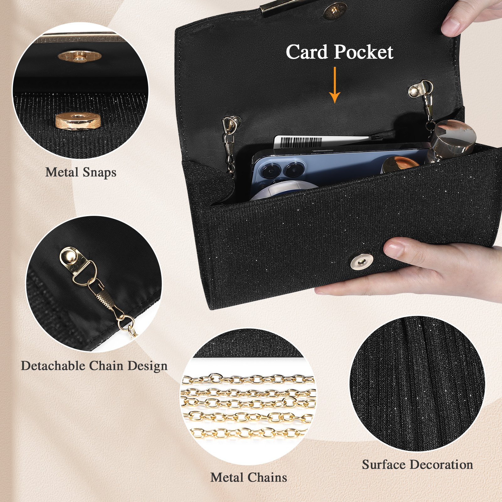Abendtasche Damen Clutch Bag Handtasche Klein Tasche Umhängetasche Kettentasche 
