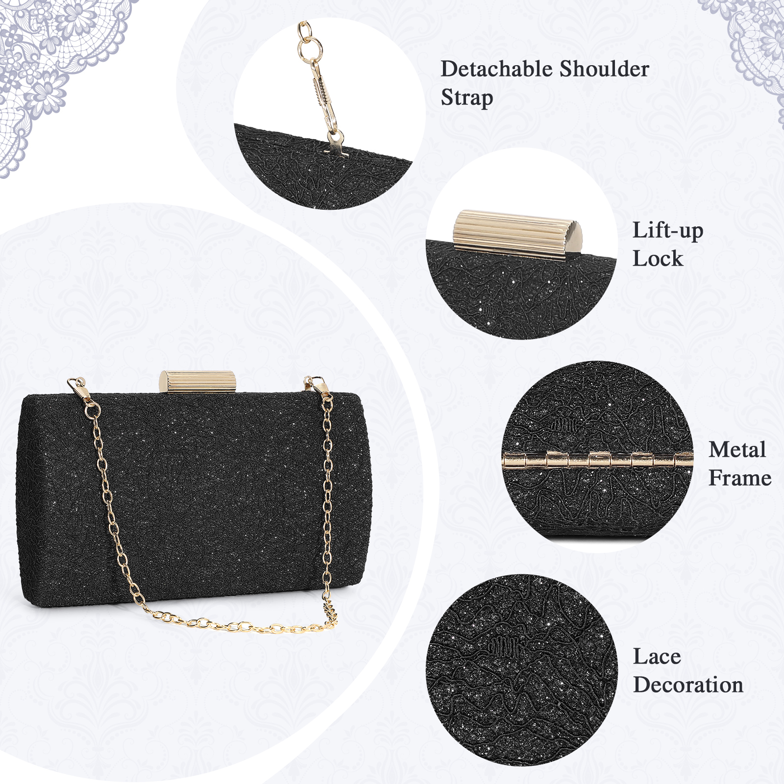 Women Clutch Evening Bag Glitter Handbag for Bridal Wedding Cocktail Party Purse - Picture 26 of 33